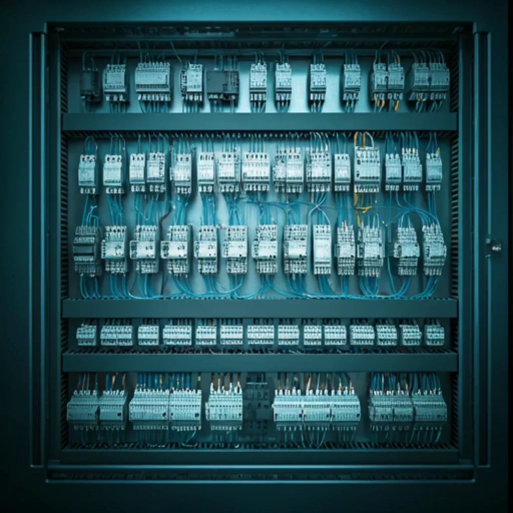 Elektrický rozvaděč vybavený relé, ochranou a elektroinstalací.