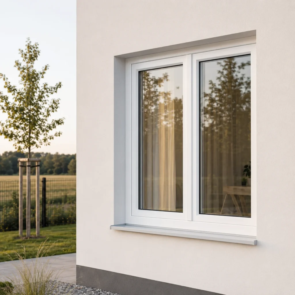 A white PVC window in the modern facade of a single-family home