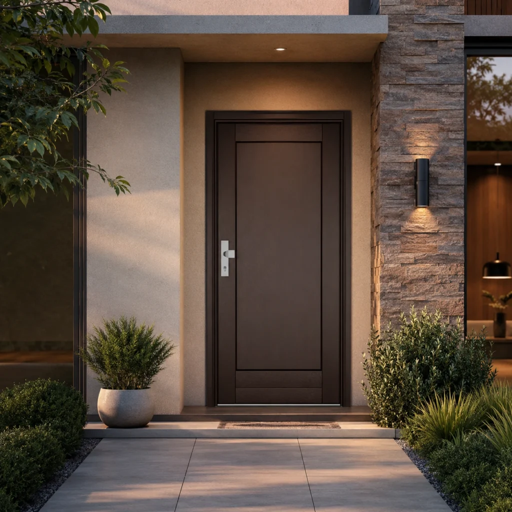 A dark brown wooden front door that blends naturally into the house’s modern facade, with its stone cladding, garden, and warm evening lighting.
