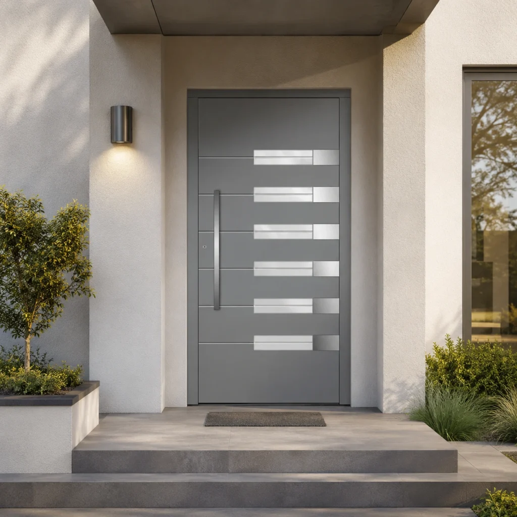 Graue Aluminium-Eingangstüren mit horizontalen Glaselementen, die sich harmonisch in die helle Fassade eines modernen Hauses mit Garten einfügen.