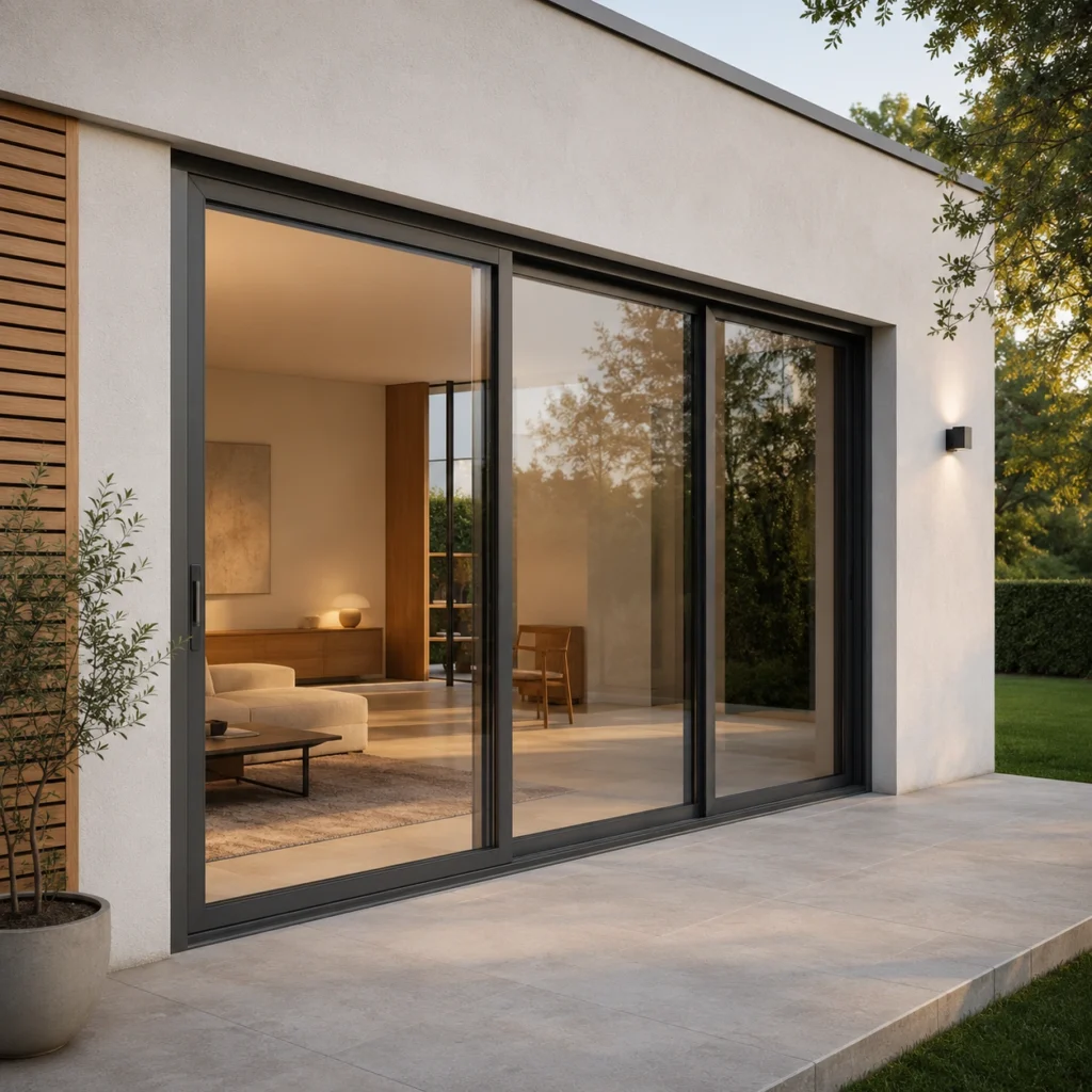 Dark aluminum sliding doors leading from a modern house to the patio and garden, featuring large glass panels and an elegant, minimalist facade.