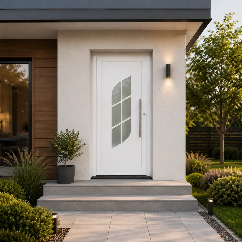 A white plastic front door with a glass panel, blending naturally into the modern facade of a house with a garden and evening lighting.