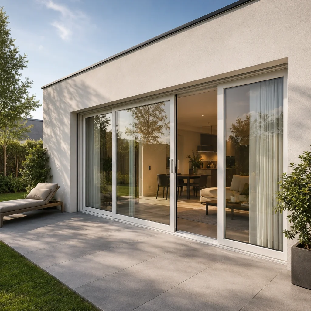 White plastic sliding doors leading from a modern house to a terrace with a garden, featuring large glass panels and a light-colored facade.