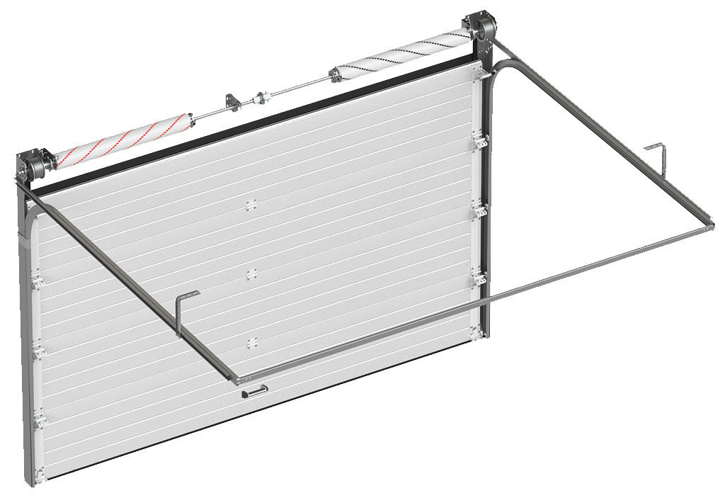 Technical cross-section of a sectional garage door with a spring mechanism.