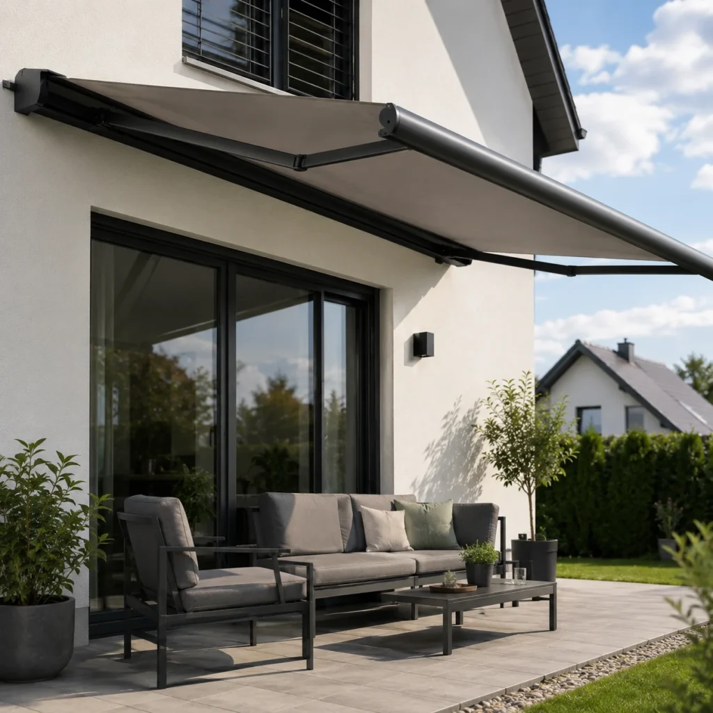 Retractable awning over the patio of a modern single-family home