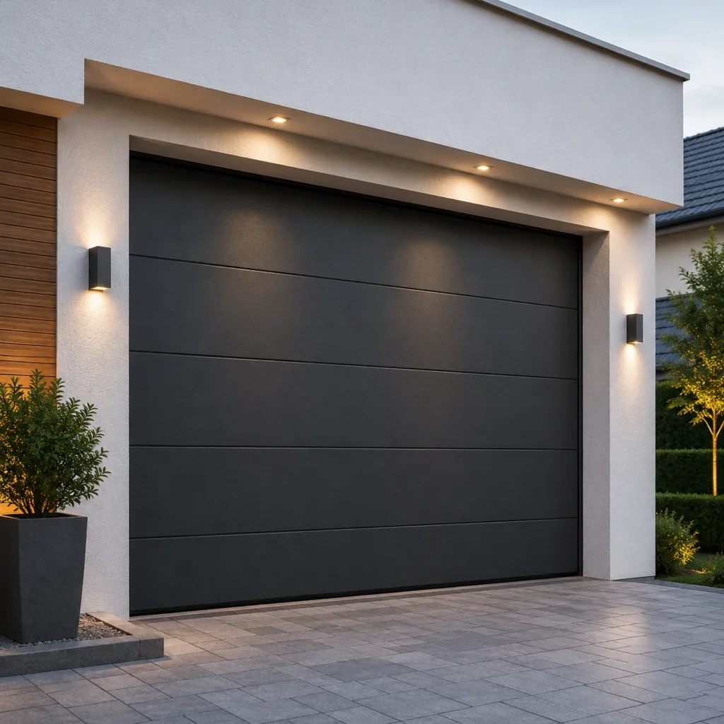 Modern sectional garage doors in anthracite at a single-family home.
