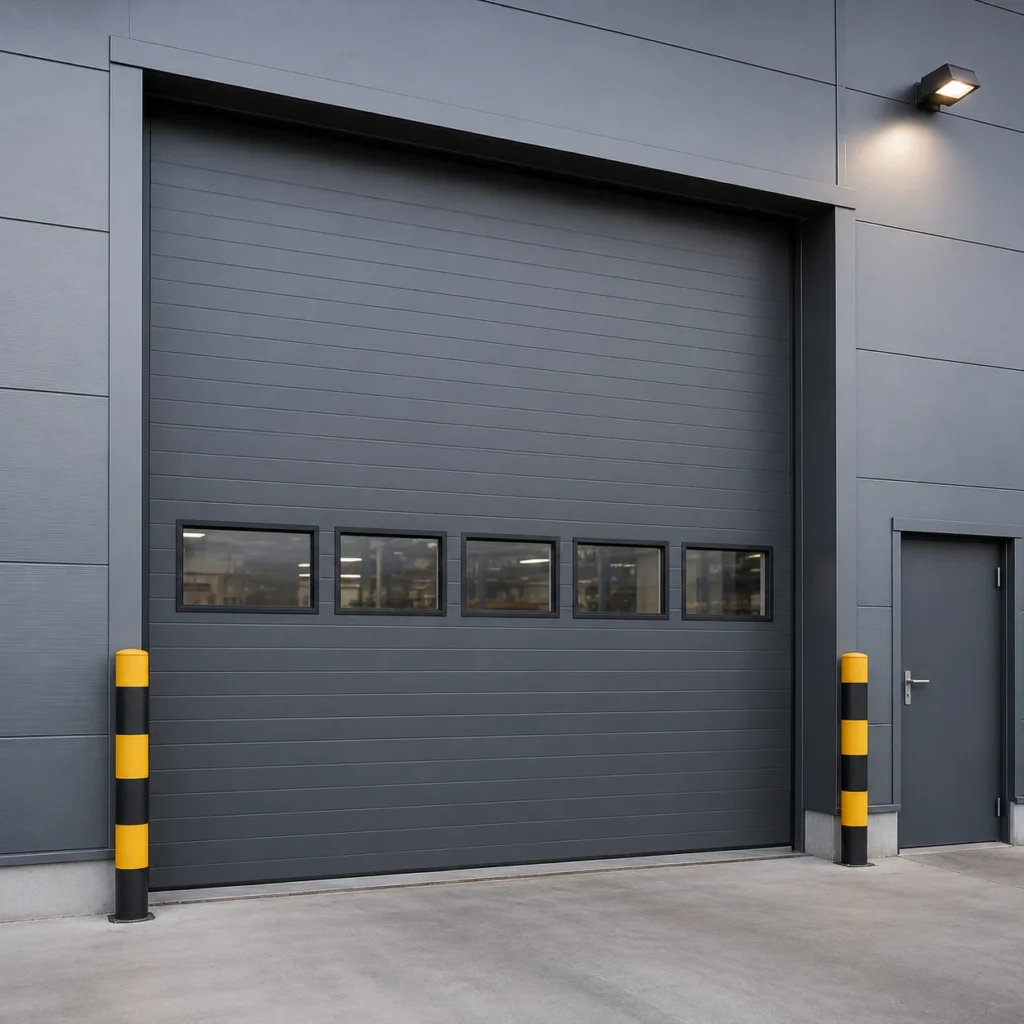 Industrial sectional doors with glazed panels in a modern industrial hall.