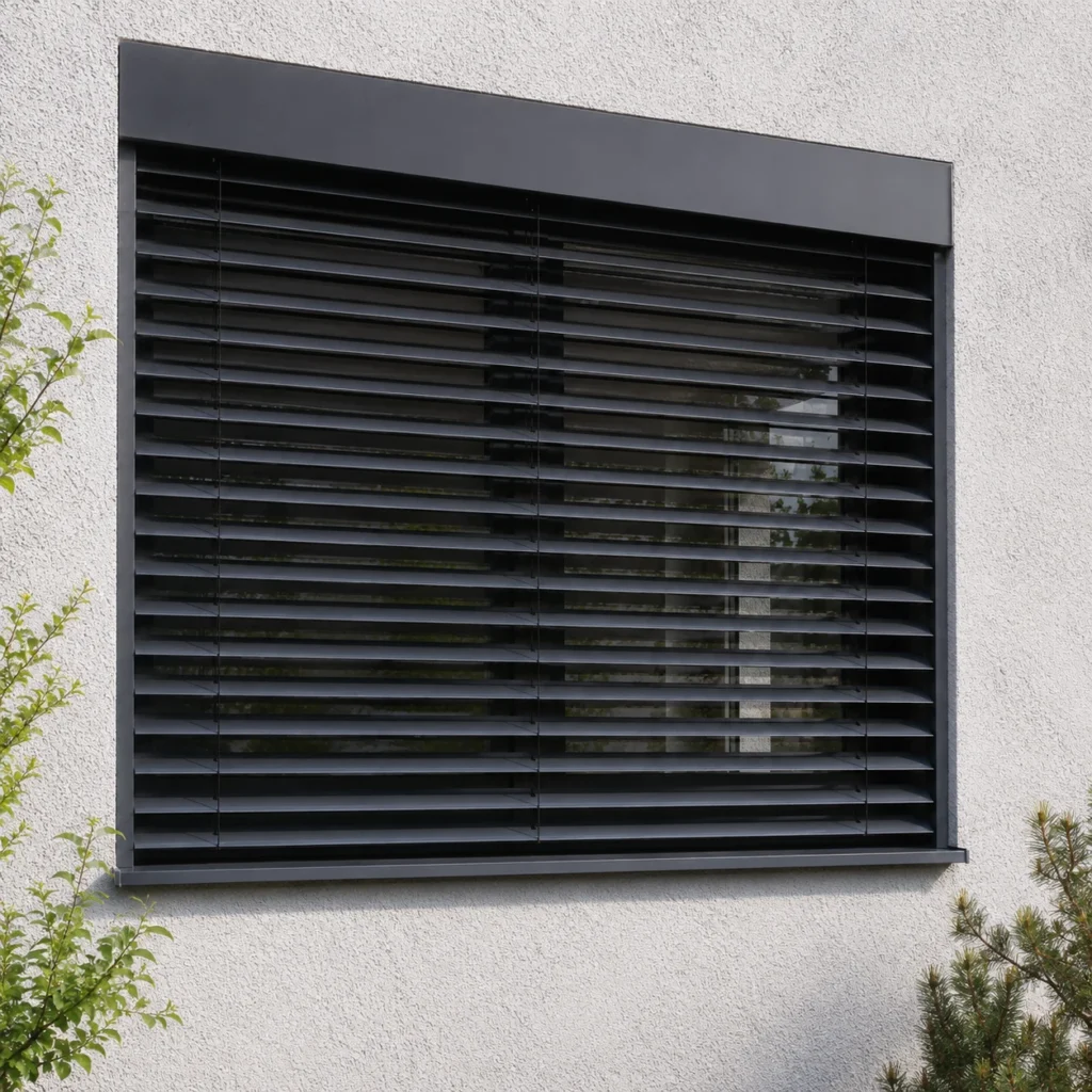 Moderne Aluminium-Außenjalousien am Fenster eines Einfamilienhauses