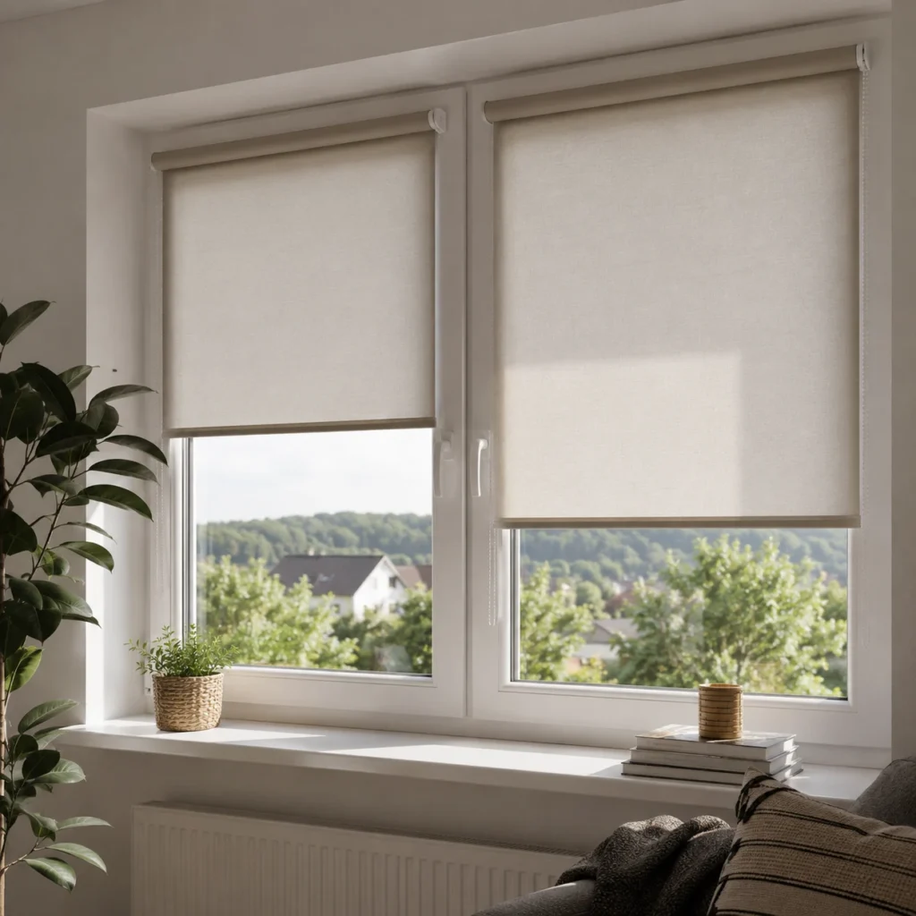 Stoffrollos an Kunststofffenstern in einem modernen Wohnzimmer